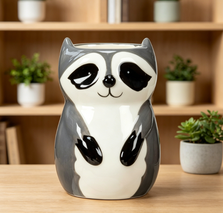 Mini seated raccoon planter/vase - Ceramic, Gray